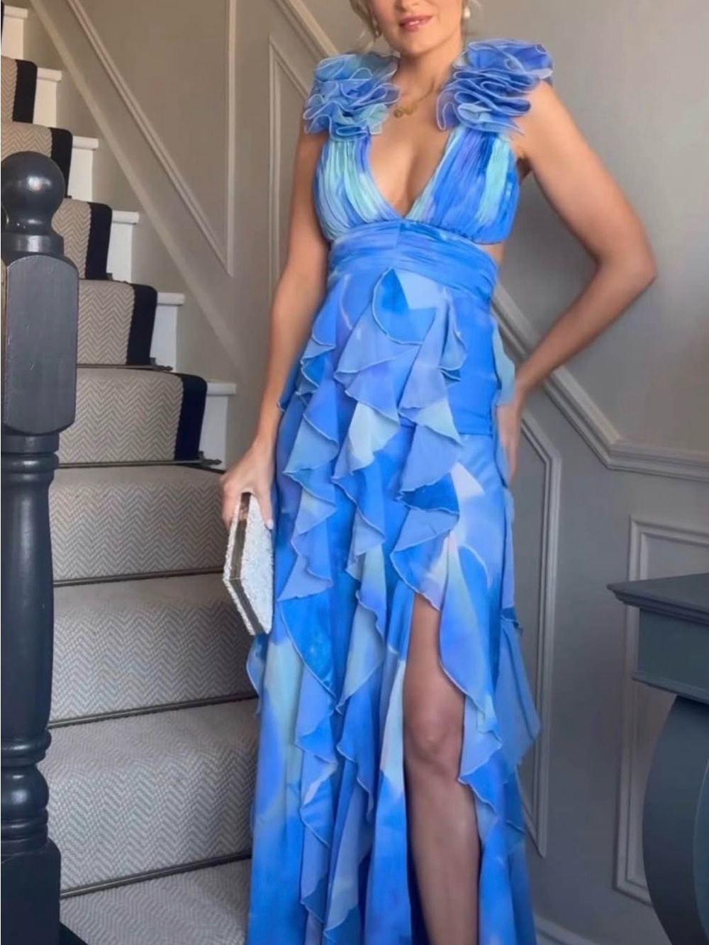 ASOS Blue Ruffle Halter Maxi Dress with High Slit